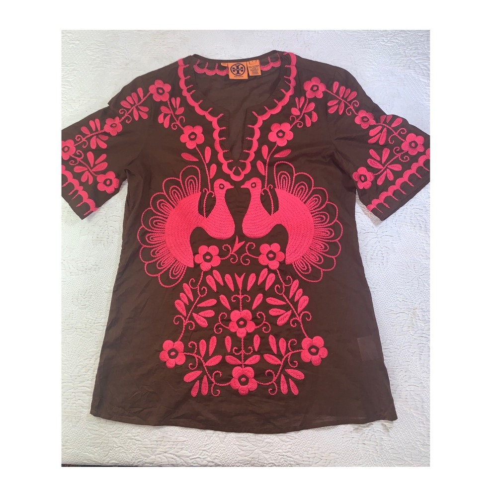 Tory Burch Brown Pink Peacock Embroidered Cotton Tunic Top 6 32081116 Boho